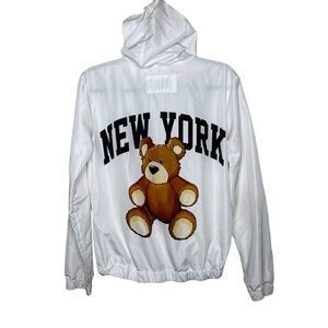 Faded Rose NEW YORK Bear Hooded Windbreaker Light Weight Jacket Medium